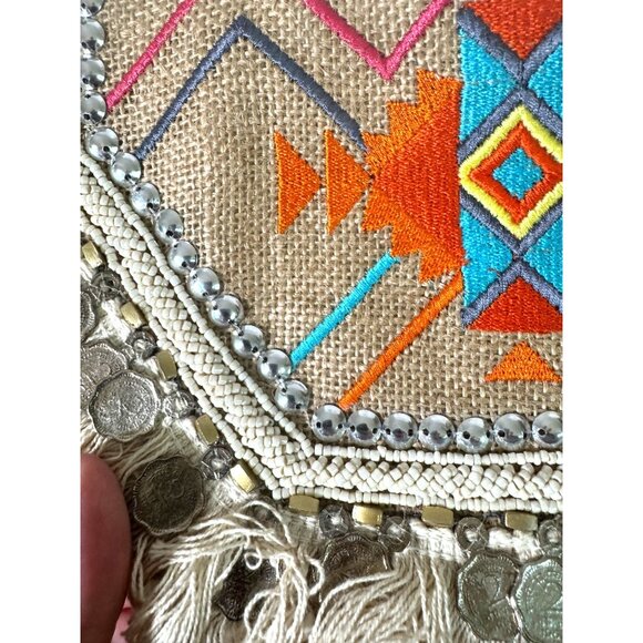 NWT Antik Kraft Boho Embroidered Fringe Crossbody Bag Coin Accents Chain Santa F - Picture 10 of 16